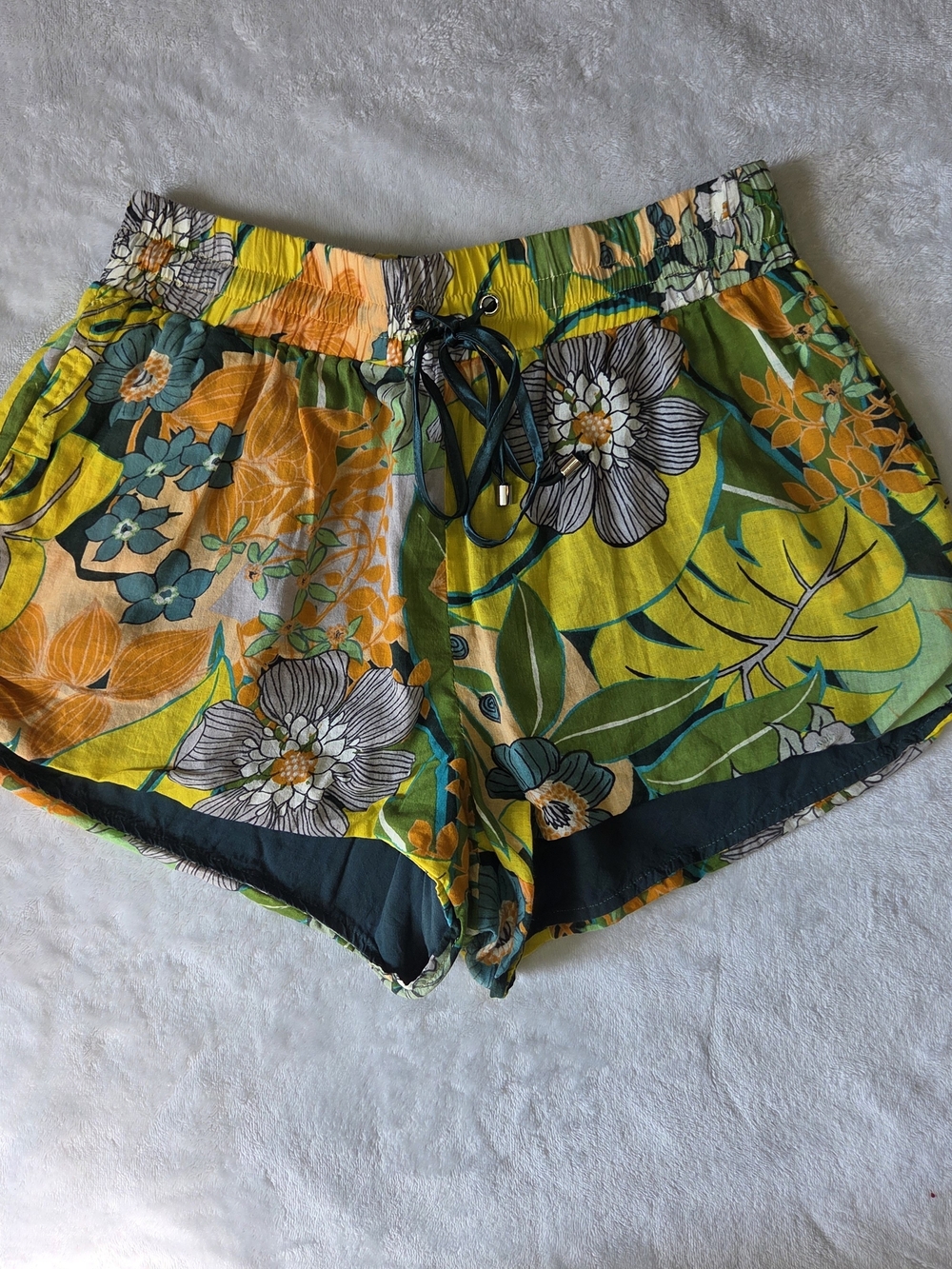 Mainstrip Tropical Floral Print Ruffle-Trim Drawstring 100% Cotton Shorts S